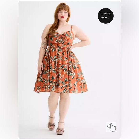 Torrid Retro Chic Orange Fruit Print Tie-Front Skater Pinup Vintage Dress - Picture 3 of 10